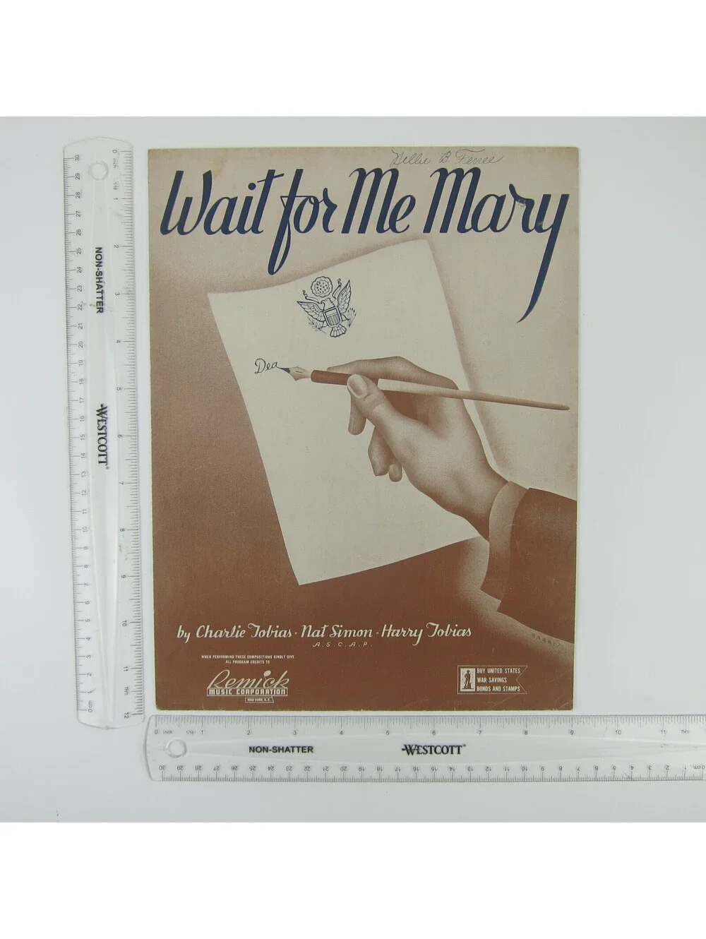 Sheet Music Wait For Me Mary Nat Simon Charlie & Harry Tobias Vintage 1943